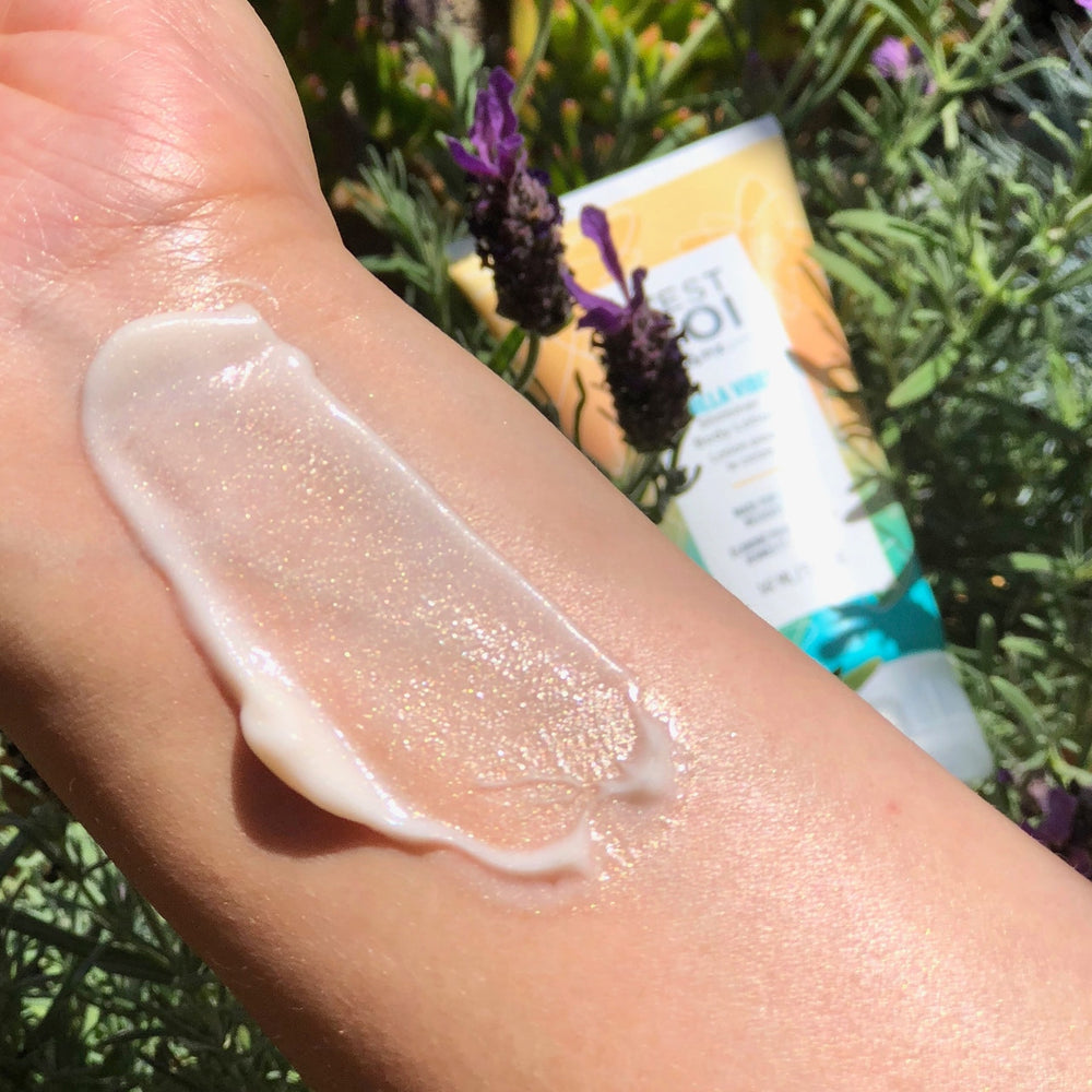 
            
                Load image into Gallery viewer, Vanilla Vibes Shimmer Body Lotion swatched on arm
            
        