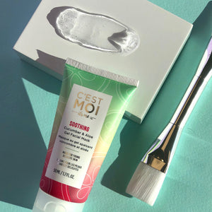 Soothing mask tube, brush and swatch of mask